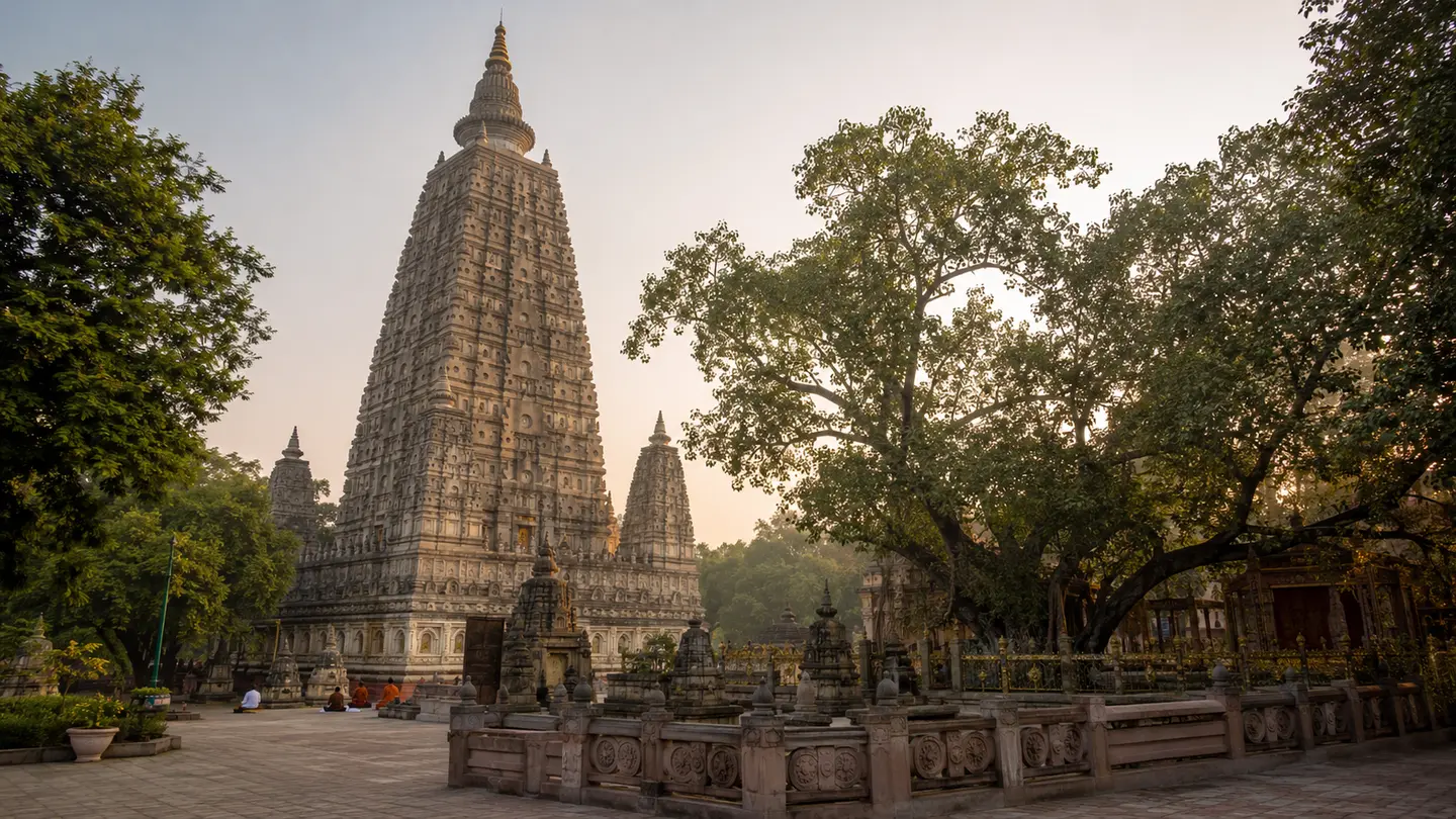 Illustration réaliste du temple de la Mahabodhi et de l’arbre de la Bodhi
