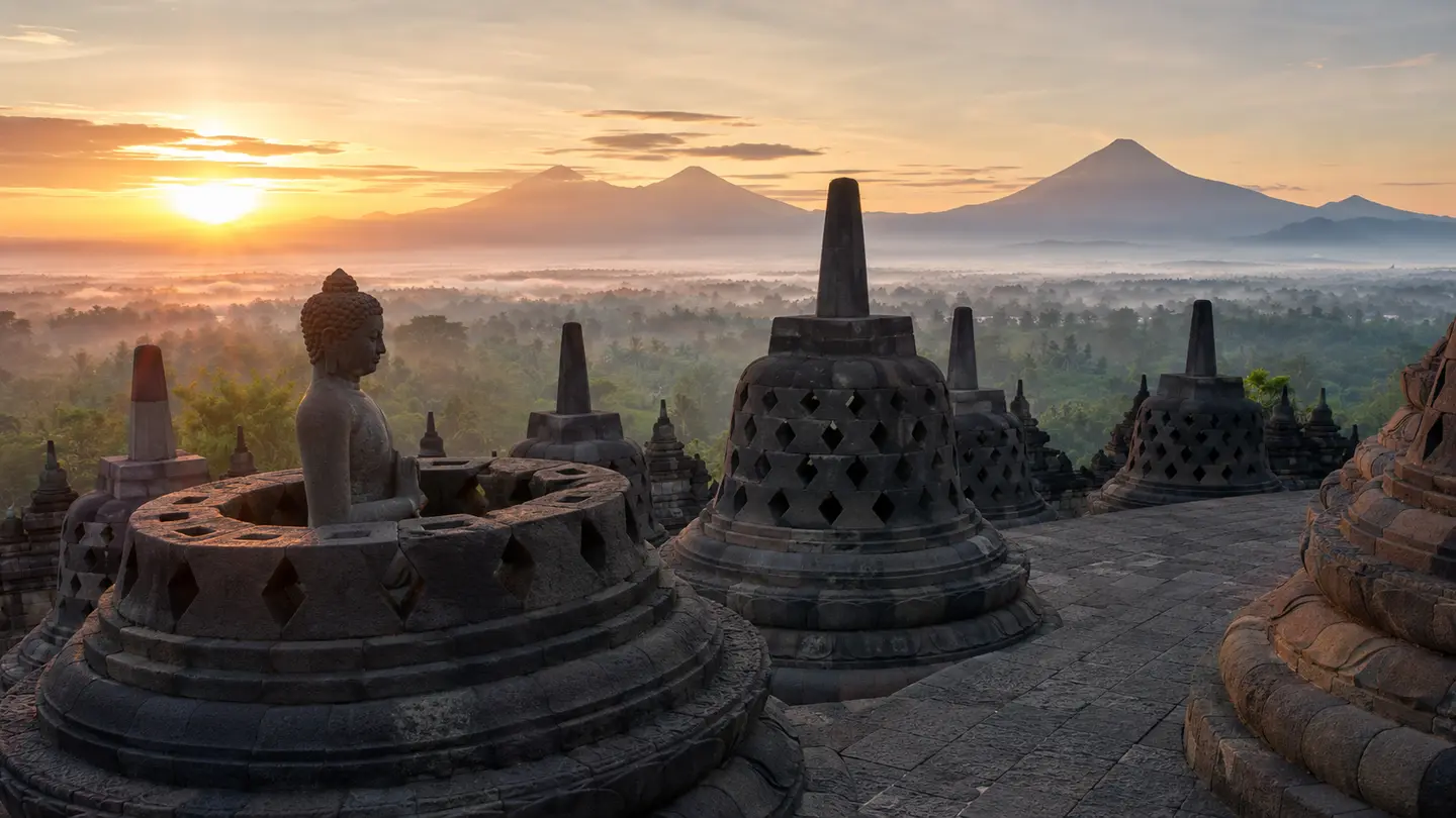 Illustration réaliste des stūpas ajourés de Borobudur dans la brume volcanique