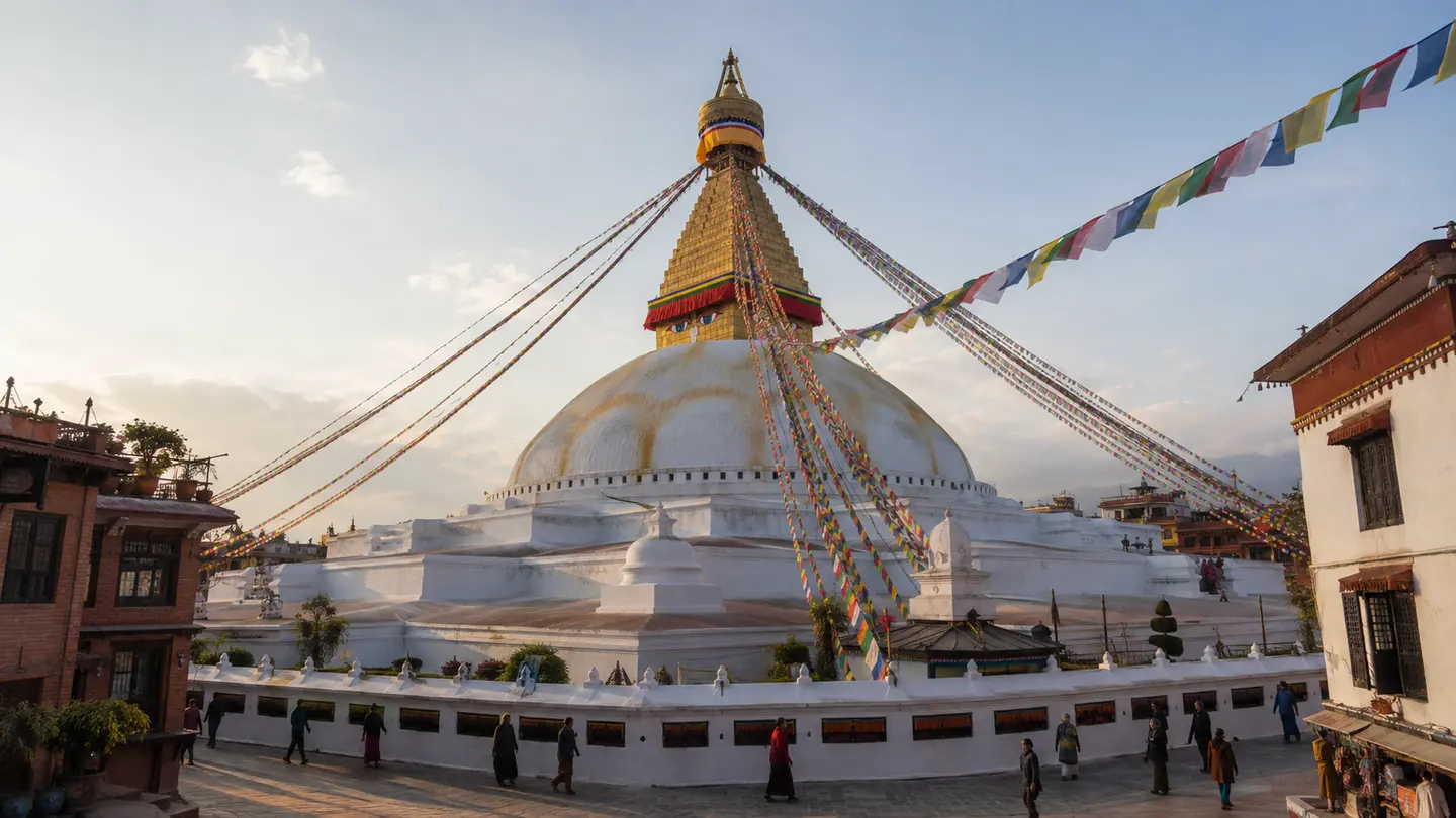 Illustration réaliste du grand stūpa blanc de Boudhanath et de ses drapeaux de prières