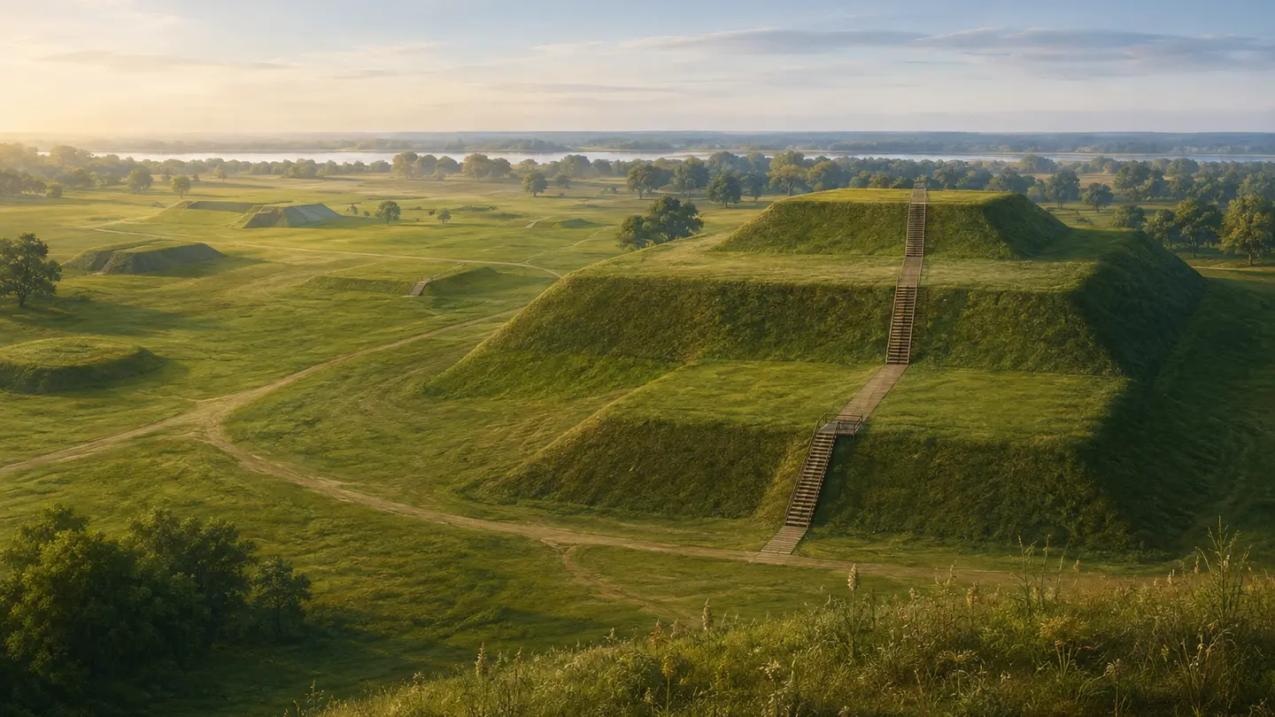 Illustration réaliste créée pour Orabel représentant Cahokia Mounds