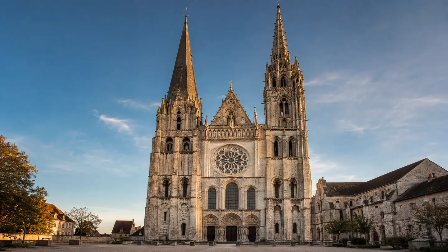 Illustration réaliste de la façade et des deux flèches de la cathédrale de Chartres