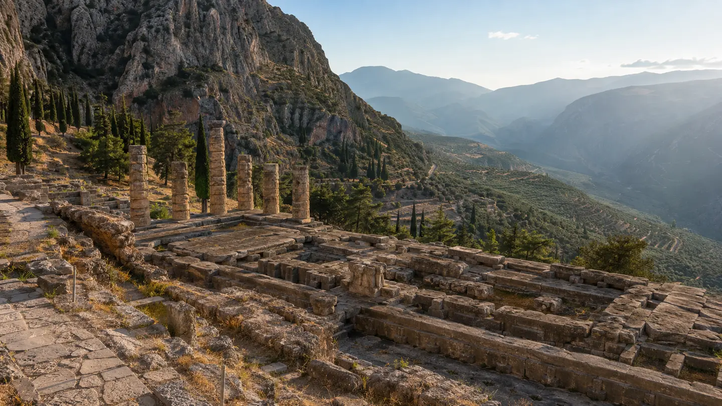 Illustration réaliste du temple d’Apollon à Delphes sur les pentes du Parnasse