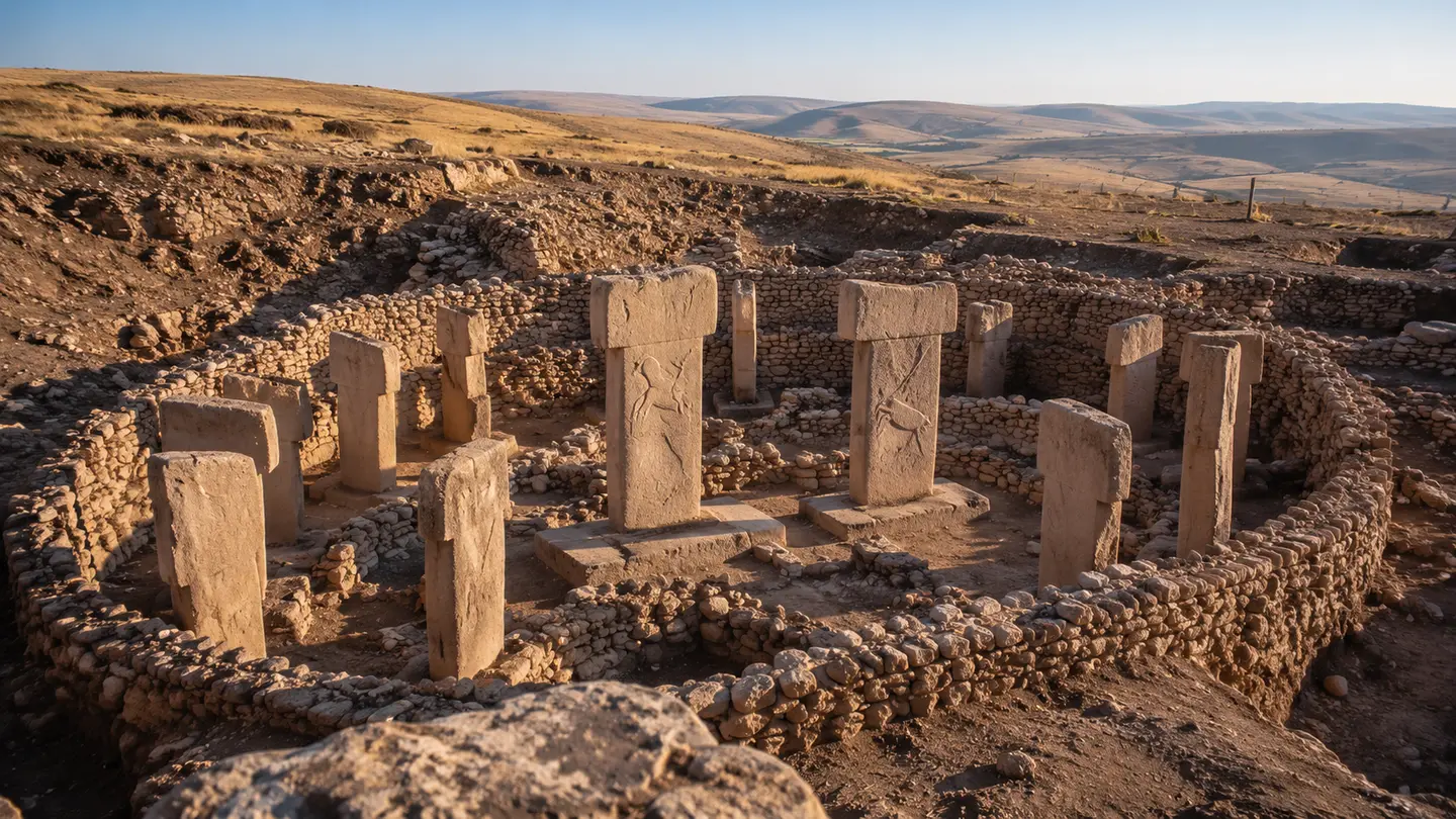 Illustration réaliste des piliers en T sculptés de Göbekli Tepe