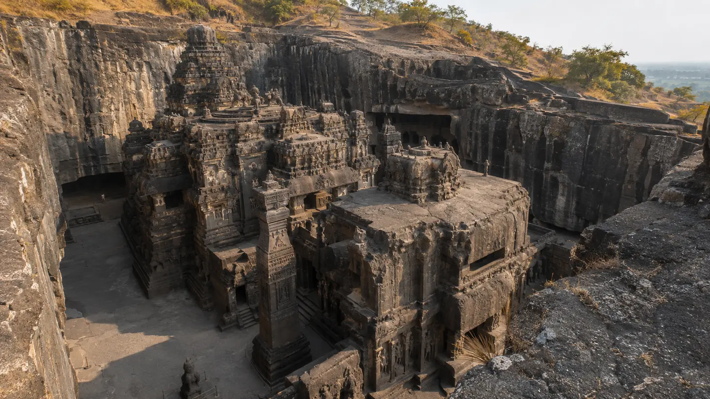 Illustration réaliste du temple monolithique de Kailasanatha à Ellora