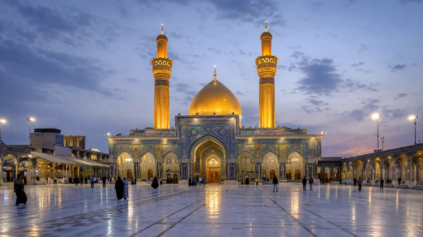 Illustration réaliste des dômes dorés du sanctuaire de l’imam Hussein à Karbala