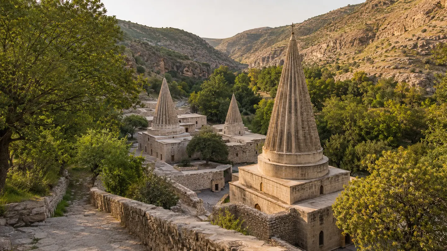 Illustration réaliste des cônes cannelés des sanctuaires yézidis de Lalish