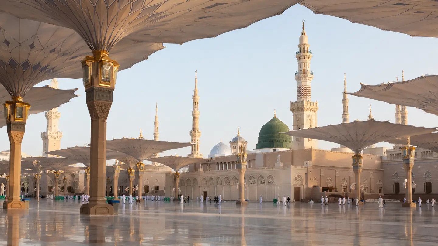 Illustration réaliste de la Mosquée du Prophète à Médine et de son dôme vert