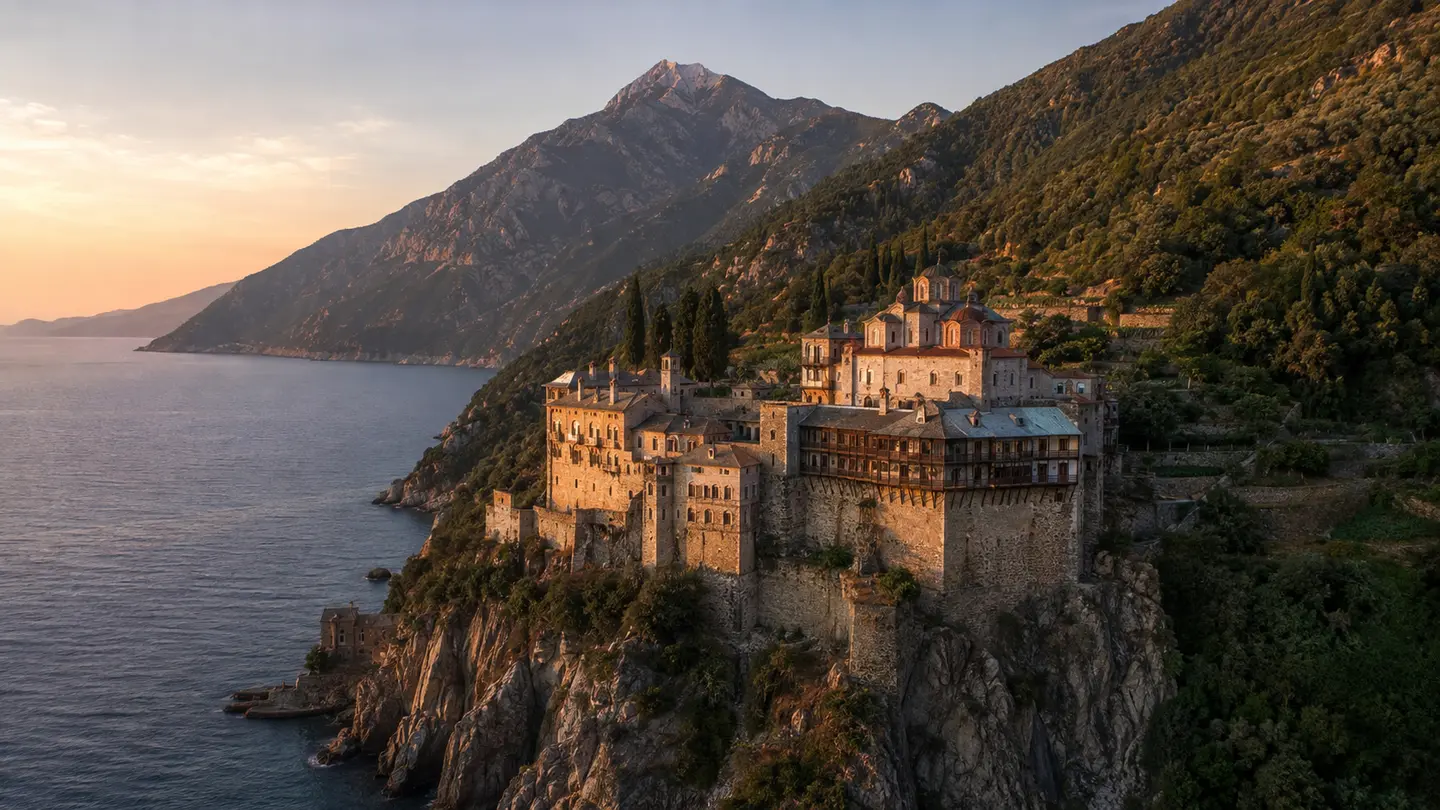 Illustration réaliste d’un monastère du mont Athos entre montagne et mer Égée