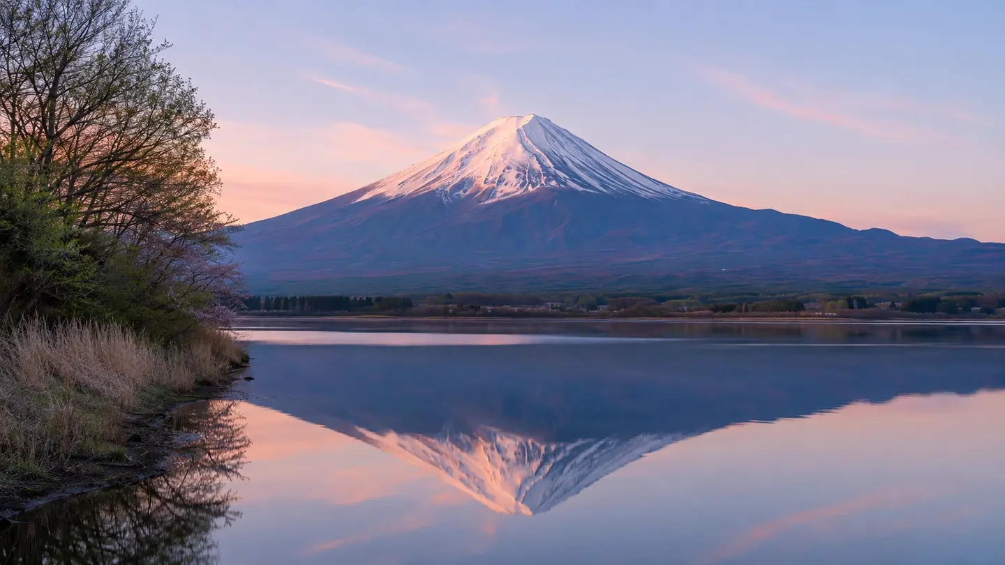 Illustration réaliste du cône enneigé du mont Fuji au-dessus d’un lac