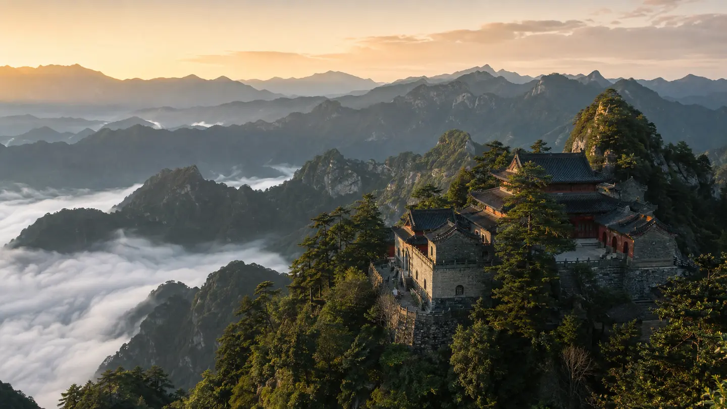 Illustration réaliste d’un temple taoïste dans les montagnes brumeuses de Wudang