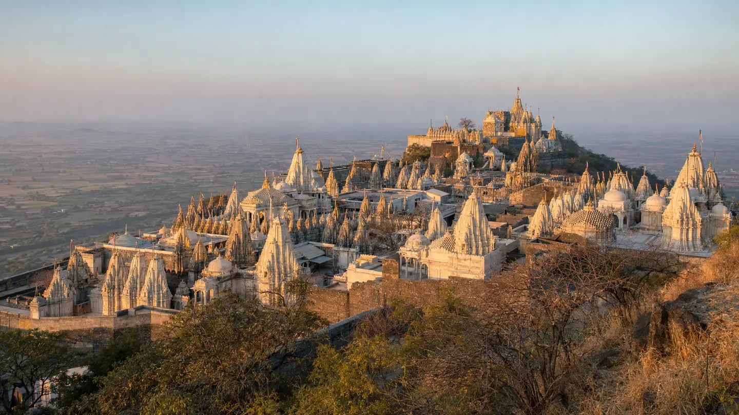 Illustration réaliste des nombreux temples de marbre de Palitana au sommet du mont Shatrunjaya