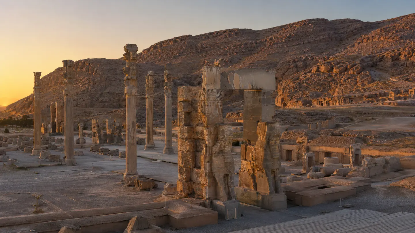 Illustration réaliste des colonnes et reliefs de Persépolis au pied de la montagne