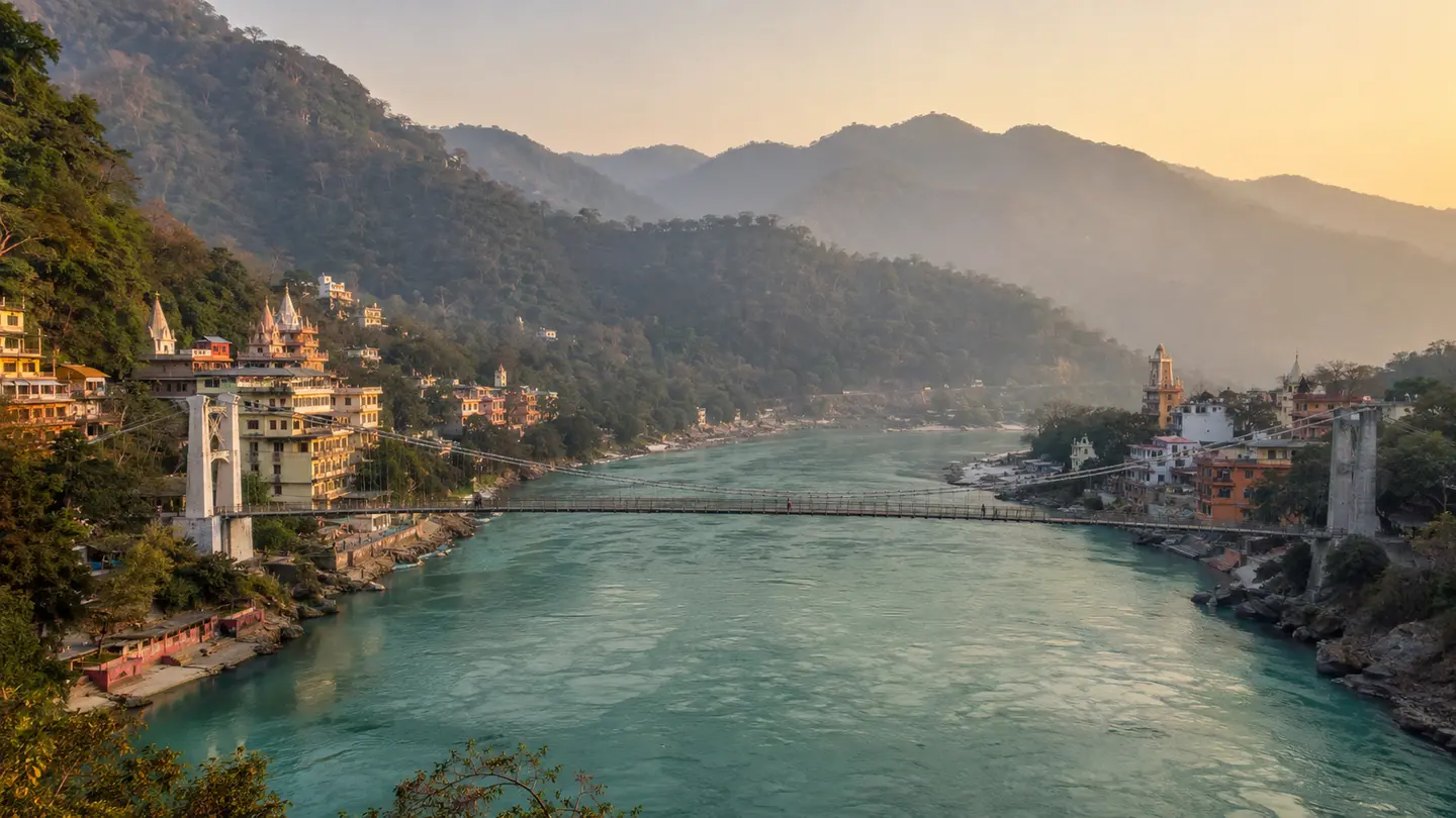 Illustration réaliste de Rishikesh, de ses temples et de ses passerelles sur le Gange