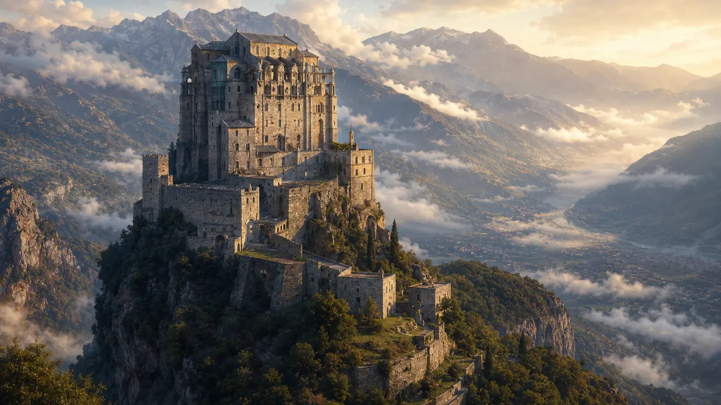 Illustration réaliste créée pour Orabel représentant Sacra di San Michele