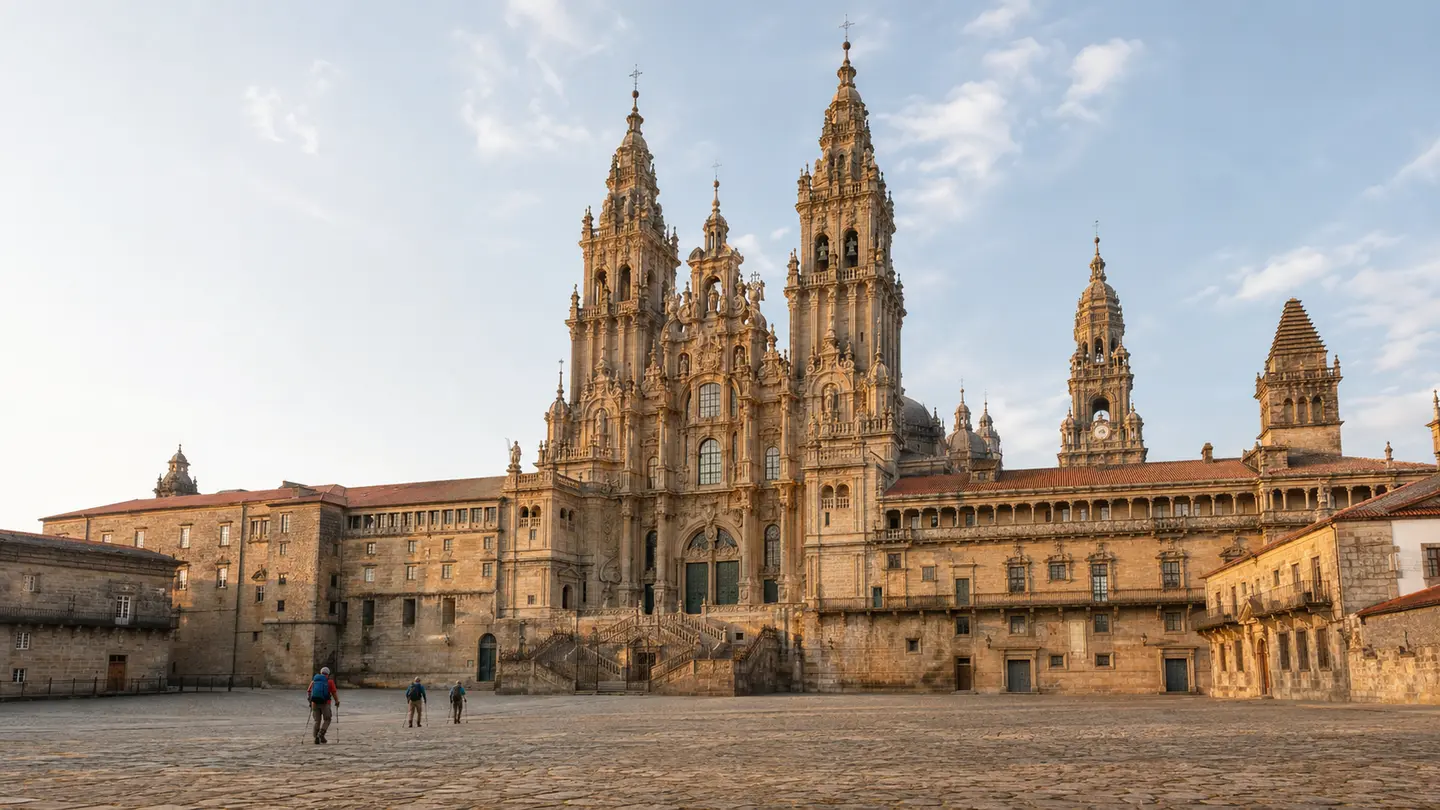 Illustration réaliste de la cathédrale de Saint-Jacques-de-Compostelle et de la place de l’Obradoiro