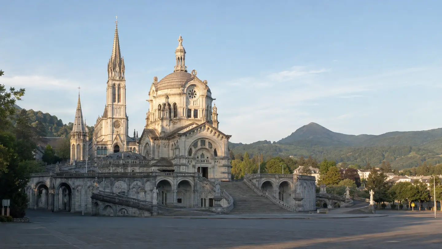 Illustration réaliste des basiliques et de l’esplanade du sanctuaire de Lourdes