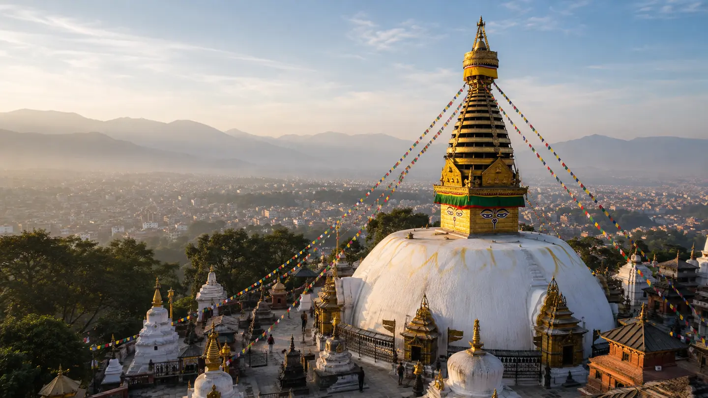 Illustration réaliste du stūpa de Swayambhunath sur sa colline dominant Katmandou
