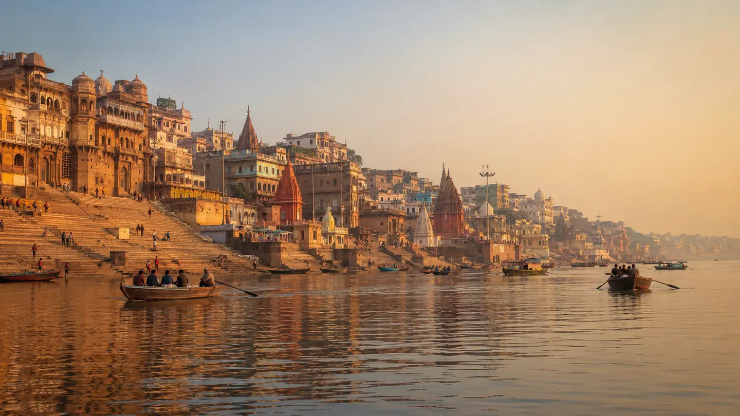 Illustration réaliste des ghats de Varanasi sur le Gange au lever du soleil
